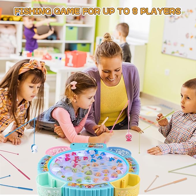 Light Up Fishing Game Toys, Rotating Board Game with Music Including 45 Fishes and 8 Fishing Poles, Party Game Toys for Kids Age 4 5 6 7 8 and Up