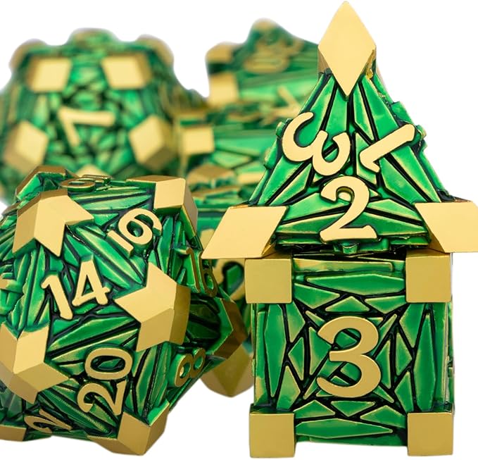 Metal DND Dice Set with Box, Debris RPG Green Golden D and D Dice for use with D&D Tabletop Games Role Playing Game Polyhedral Dice Set D20 D12 D10 D8 D6 D4