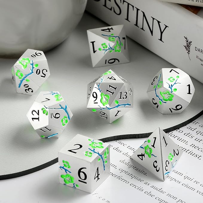 Glow in The Dark Metal Dice, DNDND 7 PCS Green Metallic D&D Dice Set with Gorgeous Gift Case for Dungeons and Dragon Tabletop Game (Glow in The Dark Green)