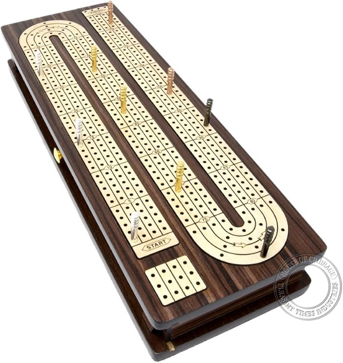 Continuous Cribbage Board Inlaid 4 Tracks Rosewood/Maple with Sliding Lids and Drawer