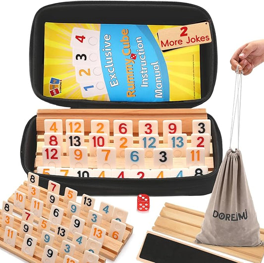 Upgraded Rummy Cube Game Set 6 Plays with 6 Wooden Racks & 162 Rummy Tiles | Portable Travel Case & Drawstring Bag & Beginner-Friendly Instruction | Family Board Game for Adults and Kids