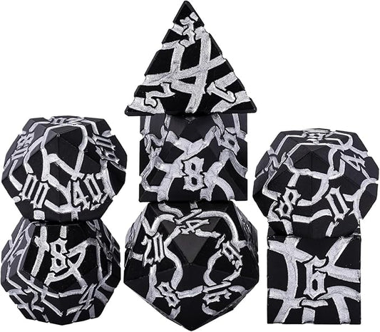 D&D Stripe Dice Set,Black Metal Dungeons and Dragons Dice Set with Box, Crack Polyhedral Dice for RPG Board Games (Matte Black Silver)