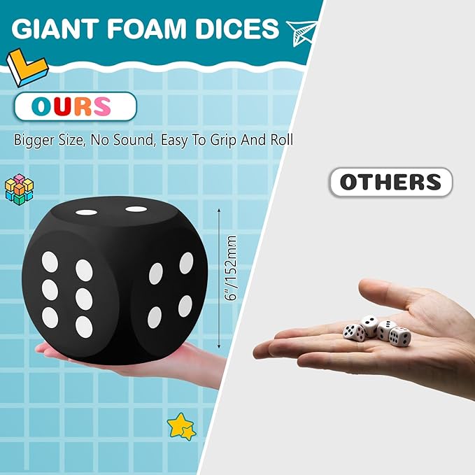 Shappy 6 Inches Foam Dice Fun Filled Large Educational Toy Kawaii Giant Dice Decorative Eva Foam Jumbo Cube Big Square Building Blocks for Game Nights Learning Sessions(Black,1 Pc)