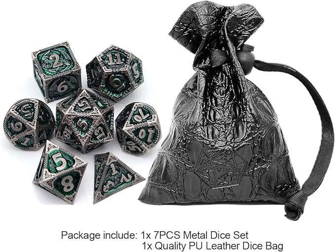 Haxtec DND Dice Set Metal D&D Dice Set with Leather Dice Bag Antique Iron Green Metal Polyhedral Dice for Dungeons and Dragons TTRPG Gifts