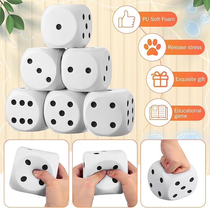 6 Pcs 4" Large Foam Dice Giant Cube with 6 Sided Number Dots Jumbo Soft Slow Big PU Foam Stress Ball for Party Game Math Learning Props Stress Relief Gifts(White)