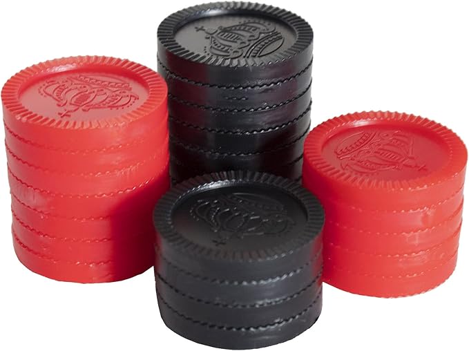Cannon Sports Checkers Replacement Pieces - 24 Pack Checkers Pieces (12 Black, 12 Red) - Plastic Stackable Checkers for Board Games
