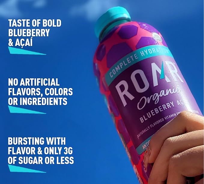 Roar Organic Electrolyte Infusions - USDA Organic - Blueberry Acai - with Antioxidants, B Vitamins, Low-Calorie, Low-Sugar, Low-Carb, Coconut Water Infused Beverage 18 Fl Oz (Pack of 12)