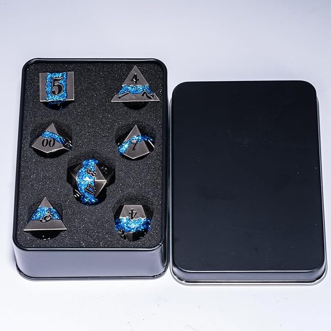 Metal DND Polyhedral Dice,Large Stripe Glitter Metallic Dice Set,Antique Silver Dice 7pcs Set for Role Playing Games