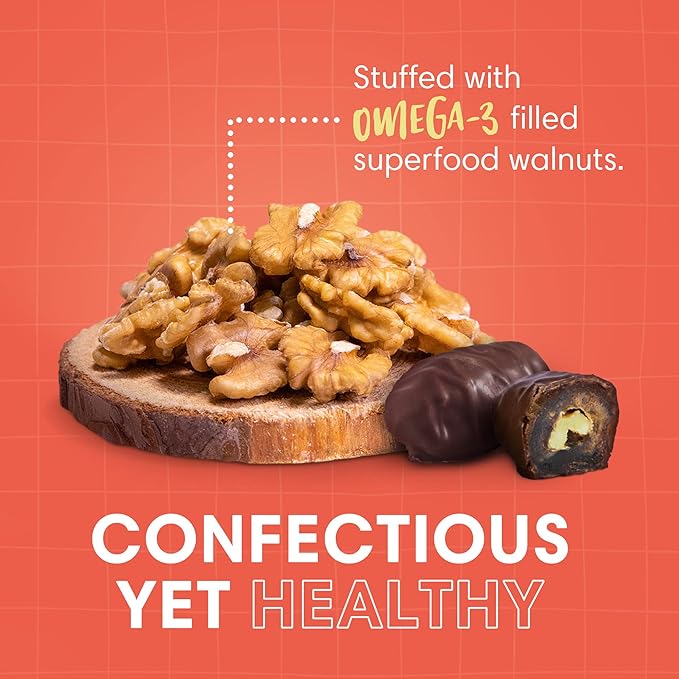 DORREL - Belgian Dark Chocolate Covered Dates (Medjool) with Walnuts Stuffing, High Energy Vegan Choco Snack, Delicious, Kosher & Non-GMO, Pack of 1 Stuffed Chocolate Dates, 7.05 oz / 200 g Ea