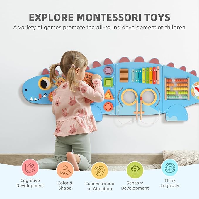 Dinosaur Sensory Wall Panel for Kids,10-in-1 Wall Toys for Toddlers, Montessori Busy Board, Activity Wall Busy Board Suitable for Toddler Playroom Bedroom Decor