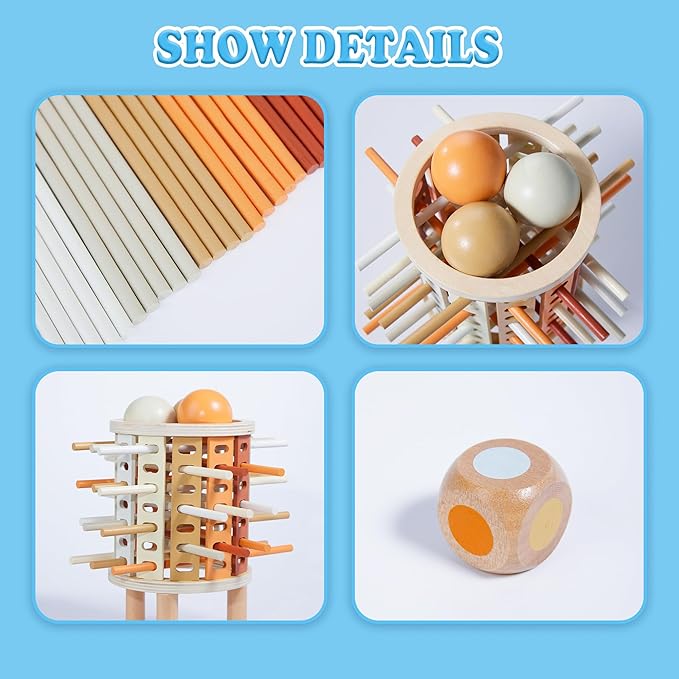 Montessori Toys for 3 Years Old - Wooden Tower Sticks Game, 3-in-1 Ball Drop and Pick-up Sticks Game with Dice - Balance Toy for Patience Training