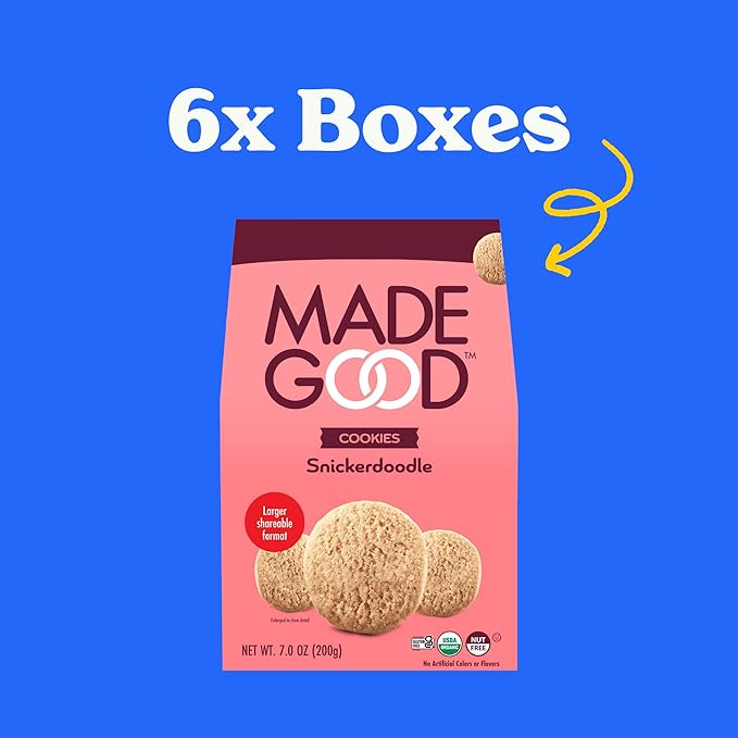 MadeGood Snickerdoodle Crunchy Cookies (6 Boxes, 7oz Each) Organic and Gluten Free Snacks