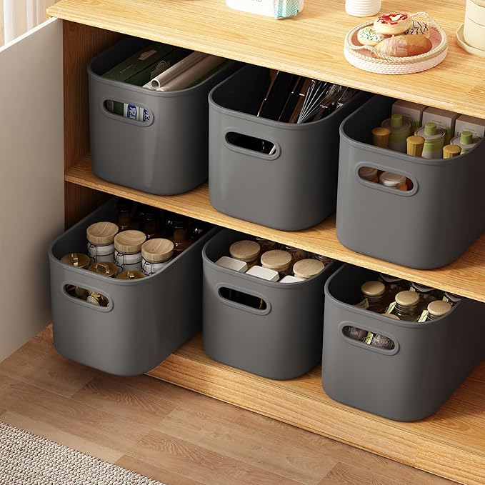 8 Pack Dark Grey Storage Bins with Lids Stackable Storage Container for Organizing, Storage Boxes with Handle for Shelves, Cute Organizer Bins for Craft, Snacks, 9.85x6.9x5.7 inch