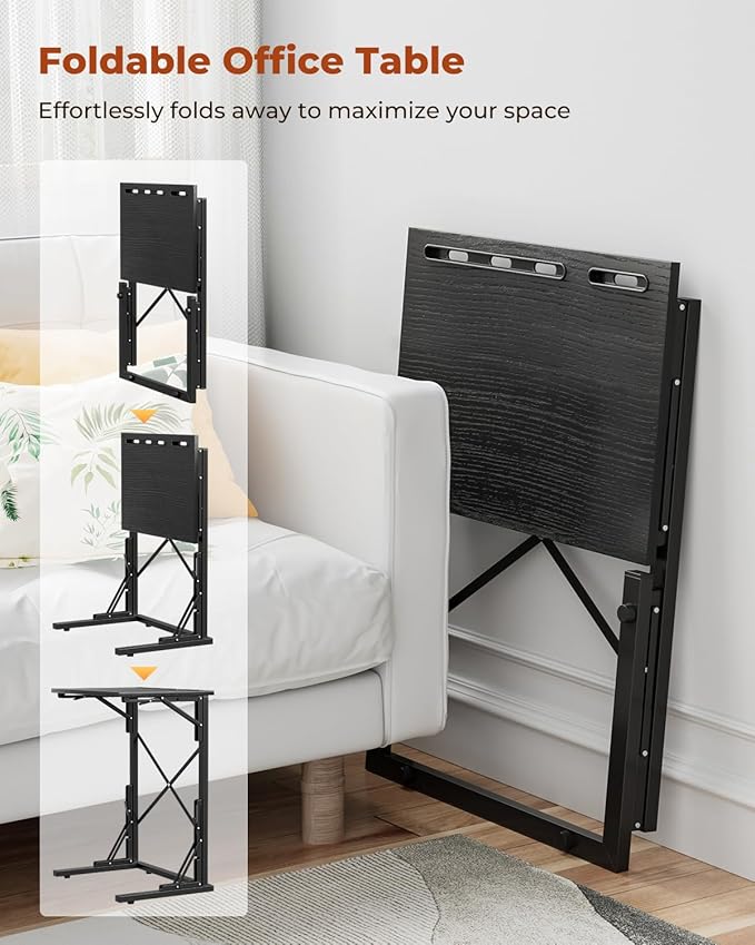21''Wx28''H Folding TV Tray for Eating, Small Foldable C-Shaped Tray Table with Tablet and Phone Slots, Slide Under Couch Side Table for Recliner, Living Room, Bedroom, Black