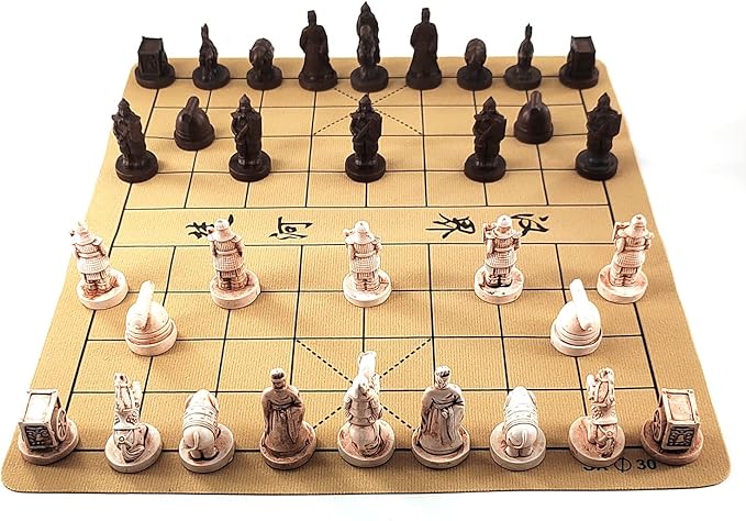 Traditional Chinese Xiangqi Portable Chess Set,Travel Board Game Set with Resin Chess Pieces and Leather Chessboard