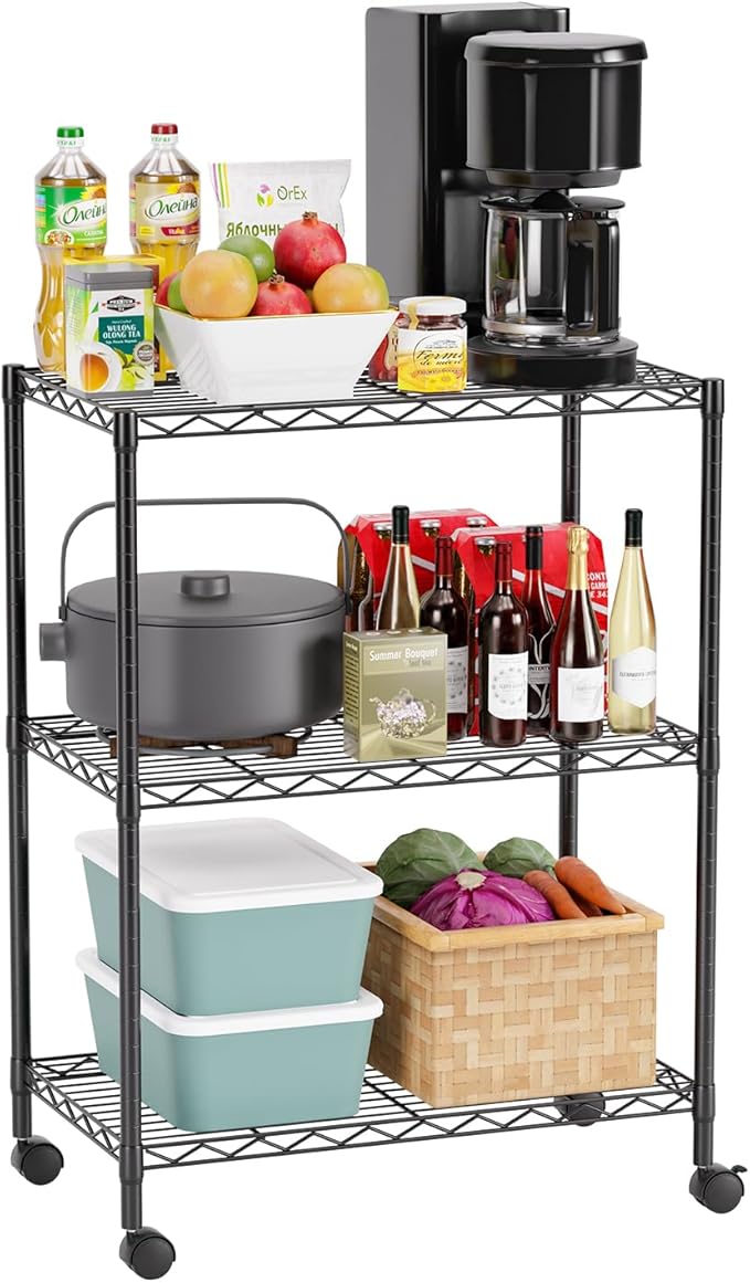 FDW 3-Shelf Adjustable,Storage Shelves Wire Shelving Shelving Unit Metal Shelves Storage Shelf with Wheels,13" D x 23" W x 31" H,Black