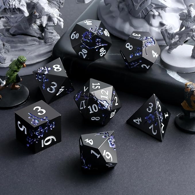 Glitter Blue D&D Metal Dice, DNDND 7 PCS Flower Metallic DND Dice Set with Gorgeous Gift Case for Dungeons and Dragon Tabletop Game (Matte Black with Glitter Blue Flower)