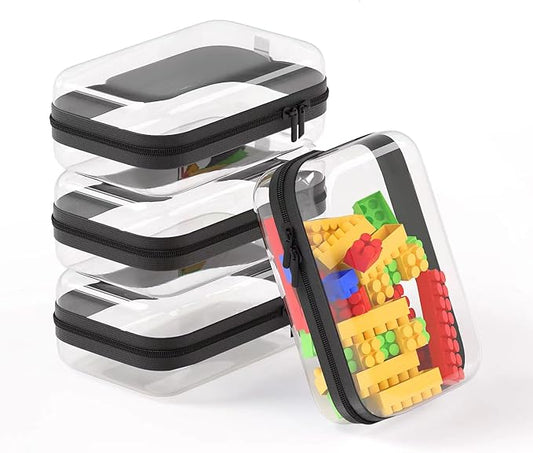 4 Pcs Storage Bins Clear Hard Shell Zipper Case Multi-Purpose Transparent Storage for Home & Office | Durable & Stylish Clear Case with Colorful Label Stickers