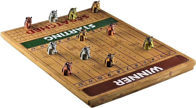 Metal Horse Race Board Game Set with Horse Racing Thick & Solid Wood Game Board(16"/Dark),11 Luxurious with 4 Antique(Gold,Silver,Red Cooper&Bronze) Metal Craft Horses, Dice&Cards (HR-M654)