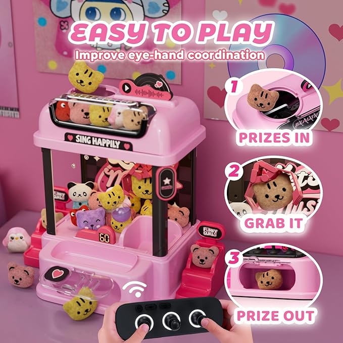 Claw Machine for Kids with Remote Control, Y2K Mini Vending Machine Toy for Girls Age 3+, Girl's Birthday Gifts with Plush Toy and Squishy, Kawaii Room Decor for Teens, Girl Age 6-8