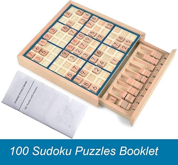 BOHS Wooden Sudoku Board Game with Drawer - with 100 Puzzles Sudoku Book for Adults - Brain Teaser Desktop Toys
