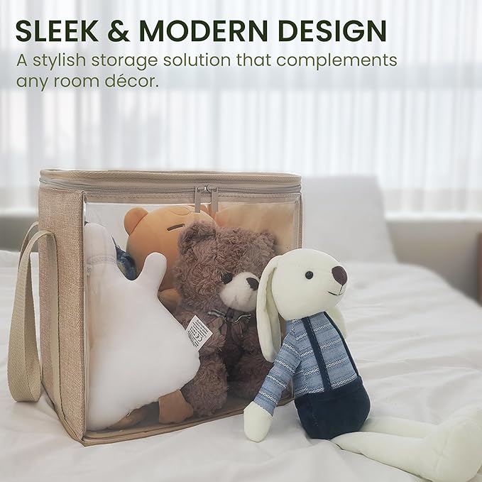 holay 2 Pack Storage Bins PVC Boxes with Transparent Lid & Handles - Durable & Foldable - Multi-Purpose Organizer for Clothes, Books, and More (Brown, Large)