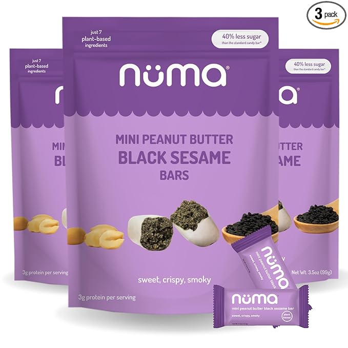 Mini Peanut Butter Black Sesame Bars – Vegan, Low Sugar, High Protein, Low Calorie, All Natural, Gluten Free – Crunchy Plant Based Snack – 3 Bags with 8 Individually Wrapped Pieces