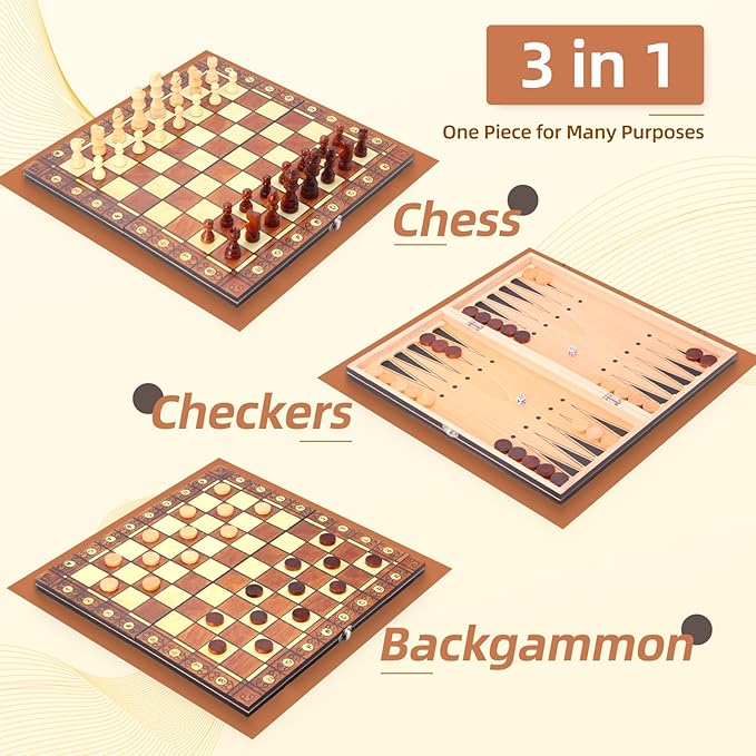 11.4" 3-in-1 Magnetic Chess, Checkers, and Backgammon Set - Extra Queens - Wooden portable and foldable Board game, Travel Game Set for Adults, Kids and Elder - Gift for parents and children