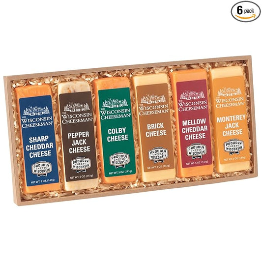 The Wisconsin Cheeseman Assorted Cheese Bars - Featuring Sharp and Mellow Cheddar, Pepper Jack, Colby, Brick, and Monterey Jack, Premium Gift Assortment, Pack of 6-1 lb. 14 oz.