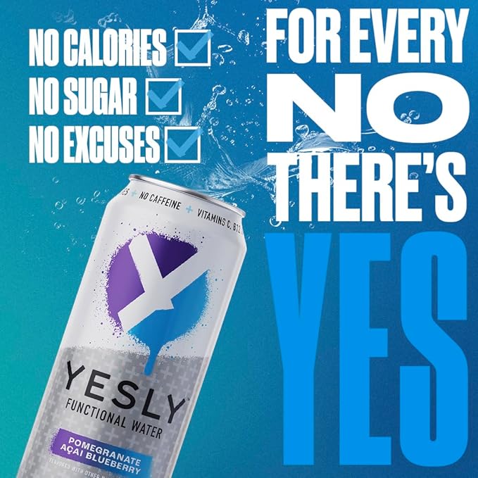Yesly Functional Water, Pomegranate Acai Blueberry, Naturally Flavored Still Water with Electrolytes, Magnesium, Potassium, Vitamin C, B6 & B12, Zero Sugar, No Artificial Sweeteners, 16 Fl Oz Cans, 12 Pack