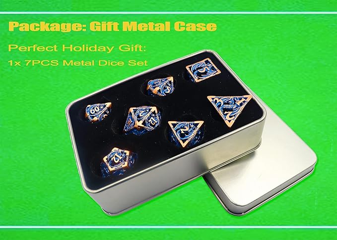 Metal DND Dice Set Dungeons and Dragon Dice Set Hollow Dragon Polyhedral Magic 7 PCS Dice Set with Gift Metal Box for Dungeons and Dragons Table Games Play Cards MTG(Dragon_Pearl Red Copper Blue)