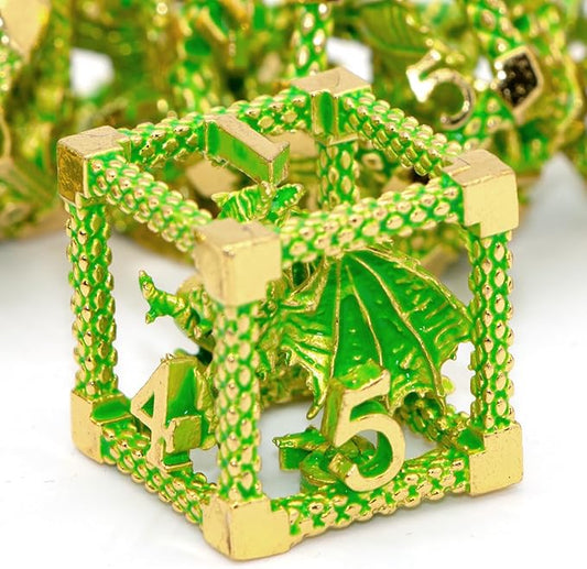 DND Dice,HNCCESG Metal D&D Dice of 7pc,Dungeons and Dragons Dice Set Polyhedral Dice Role Playing Dice Set Hollow Dice Gaming D D Gift for Table Game RPG Shadowrun (Gilt Green)