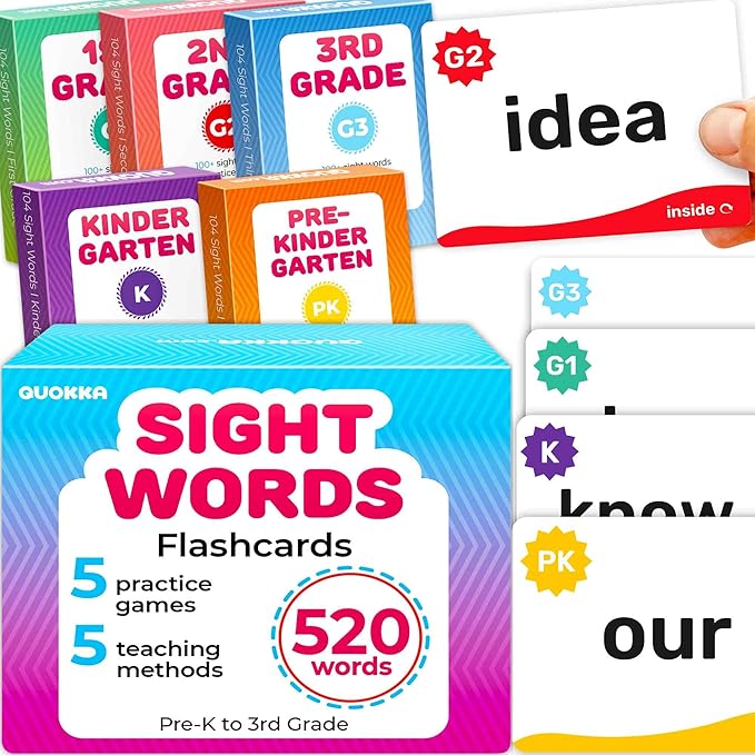 QUOKKA 520 Sight Words Flash Cards for Kids Adults – Based on Dolch & Fry High Frequency Word Lists – Pre-K to 3rd Grade – 5 Levels Color-Coded Bold Font Large Size