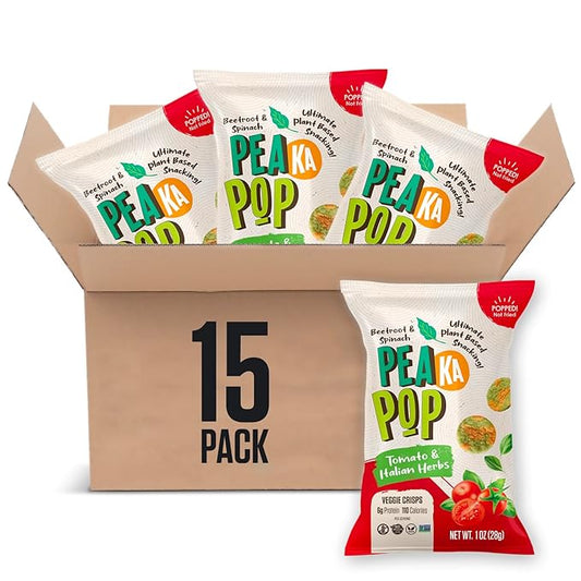 PeaKaPop Veggie Chips – Plant-Based, Healthy Veggie Crisps with Pea, Lentil & Chickpea Protein – Vegan, Gluten-Free, Popped Chips – Snack Size for Kids & Adults – 1 oz Bags (15-Pack) – Tomato & Italian Herbs