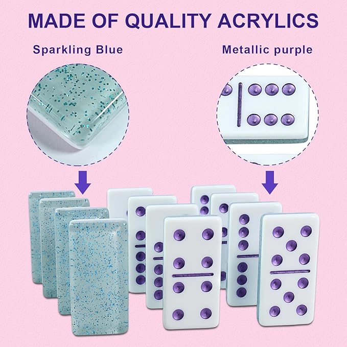 Dominoes Set for Adults, Double 6 Dominos Game Set with 28 Domino Tiles Double with Upscale Gift Boxes -7 Polyhedral Dice -Classic Board Games (Light Blue)