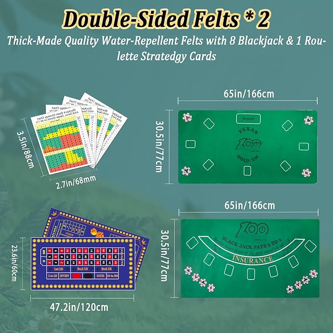 5 in 1 Premium Casino Game Set: Blackjack/Roulette/Craps/Texas Holdem/Poker Game Kit with 360 Chip+8 Deck Card+Roulette Wheel+2 Two-Sided Felt+6 Dice+Stratedgy Card,Texas Holdem Poker Blackjack Set