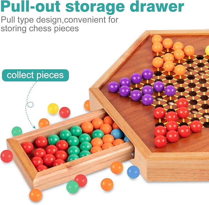 HOLYKING 12.6 Inchs Wooden Chinese Checkers with Drawer-Traditional Board Game with Set of 16mm 60+12 Colorful Acrylic Marbles, Classic Strategy Family Game for up to 6 Players