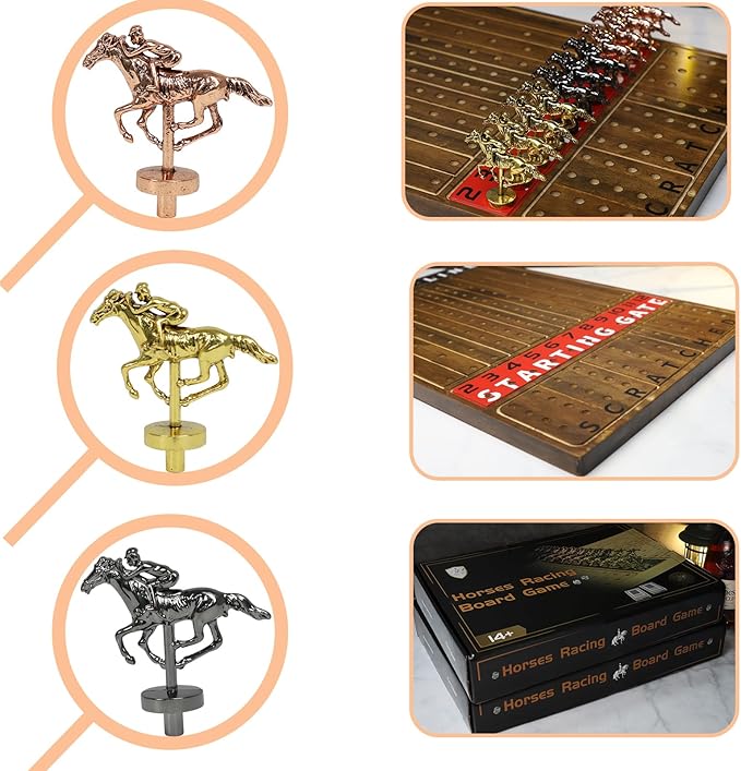HOROW 2 Pack Metal Horse Racing Board Game Card Board Game Finish Line Luxury Edition Solid Wood Race 11 Batches of Metal Model Horses 2 Sets of Dice and 2 Boxes of Cards (Flame)…
