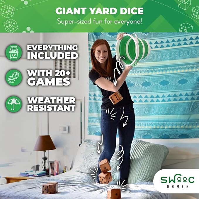 SWOOC Games - Yardzee, Farkle, & 20+ Giant Dice Games - Yard Dice (All Weather) w/Bucket, Scorecards, & Marker - Giant Outdoor Games - Giant Yard Games for Adults - Big Dice Jumbo Dice - Large Dice