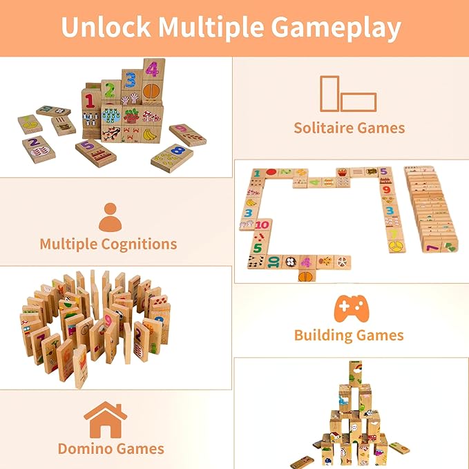 VORA Wooden Matching Game, 40Pcs Puzzle Games for Kids, Dominos for Kids, Quantity Relationship Matching Game, Double-Sided Matching Puzzles with Storage Bag, Montessori Toys for 3+ Year Old
