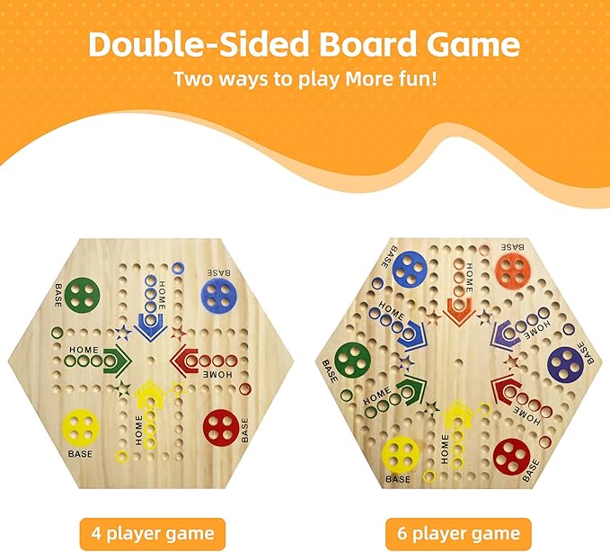 Wooden Board Game, Board Game Original Marble Game Double Sided Painted 2 to 6 Player Fast Track Board Game Wooden with 6 Colors 24 Marbles 6 Dice for Adults Kids Family(20 INCH)