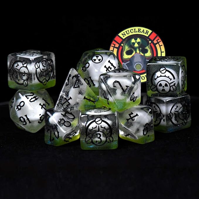 Nuclear Fallout 11 Dice Set | Glow in The Dark Radiation Wasteland Themed Polyhedral Dice Set | 3D Printed Mushroom Clouds and Geiger Counters DND MTG Tabletop Board Game Dice