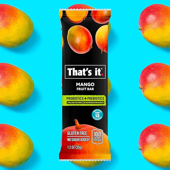 That's it. Probiotic Fruit Bar Variety Pack, Mango & Blueberry Flavors, Just Real Fruit + Probiotics, 100 Calories Per Bar, All Natural, 2-3 Ingredients, Shelf Stable, Allergy-Friendly (12 Count)