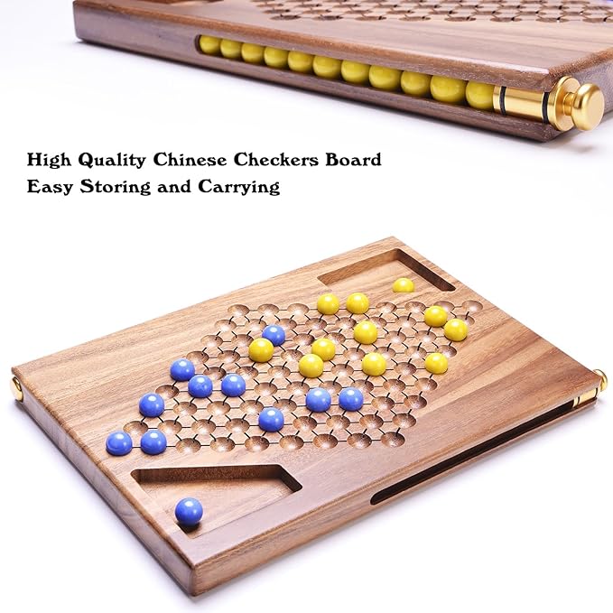 VAMSLOVE 12.5" Wooden Chinese Checkers Two Player Board Game - Chinese Checkerboard for 2 - w/Glass Marbles (16-Millimeter) - Games Instructions Included - Ideal Gift Home (Walnut Wood)