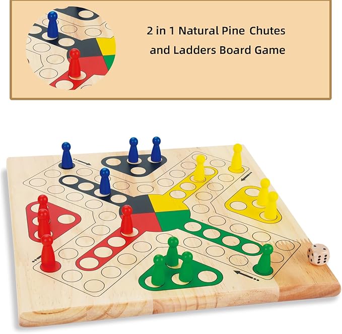 Wooden Classic 2 in 1 Snakes and Ladders Board Game for Kids 12 Inch Ludo Chutes and Ladders Board Game Classic Family Game Set for Toddlers