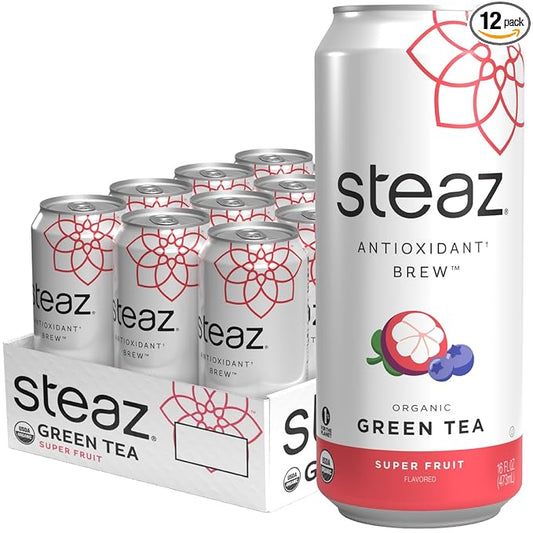 Steaz - Organic Green Tea - Superfruit (12 Pack) - Antioxidant Brew - 65mg Natural Caffeine, 90 Calories, Vitamin C - Cane Sugar Sweetened Iced Tea - Vegan, Fair Trade - 12 Cans, 16 fl oz (473mL)