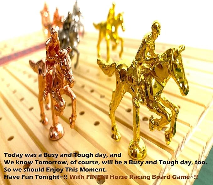 Horse Racing Game for Adults With 11 Luxurious Metal Horses (Silver, Black, Rose Gold), 22" Pine Wood Race Game Board, Dice & Card Included (Log Color3)