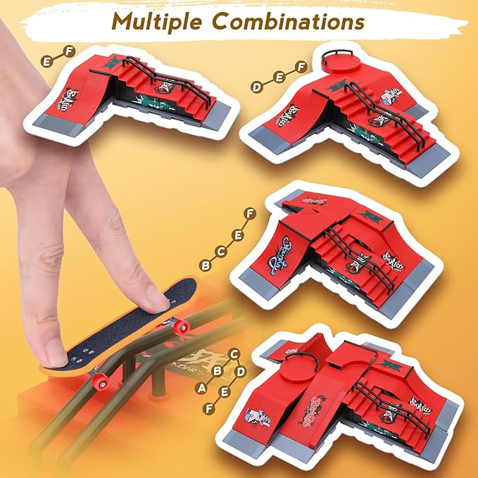 Finger Skateboards Ramp Set, Red 6 in 1 Fingerboard Skatepark Deck with 11 Buffer Plate, Fingerboard Half Pipe Ramp for Kids Adults Fingerboard Train Props Interactive Freestyle Game