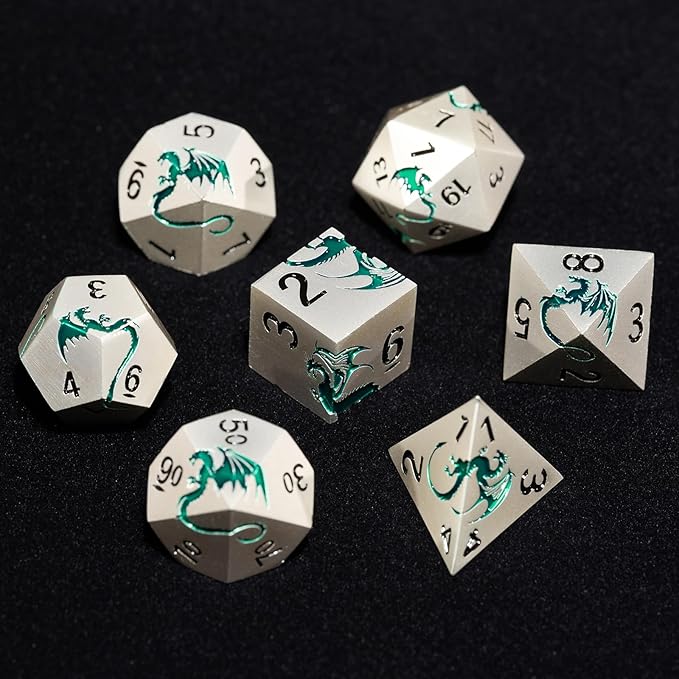 Metal DND Dice Set,Blue Dragon Heavy Metal Dice Set D&D,Dungeons and Dragon TTRPG Role Playing Table Games(Sliver Green Dragon)