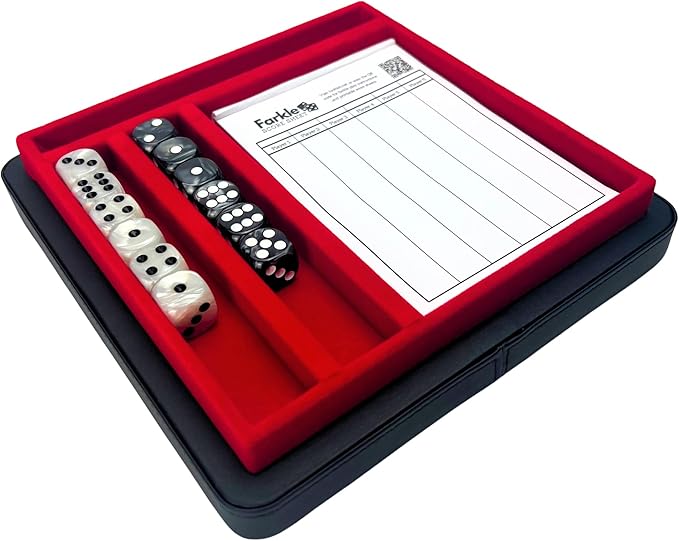 Luck Lab Farkle Dice Tray and Storage Case - Includes Embedded Scoring Combinations, 2 Sets of 6 Pearl Dice, 40 Sheet Score Pad and Pen Holder for The Classic Family Game (Red)